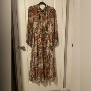 Julia Jordan Paisley Long Sleeve Midi Dress - Brown and Cream